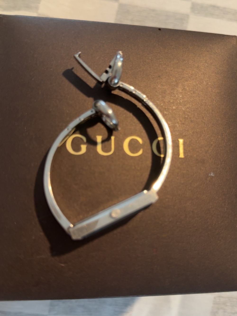 Gucci Silver Rectangular Gray Pattern Dial Bangle Watch - Picture 3 of 7
